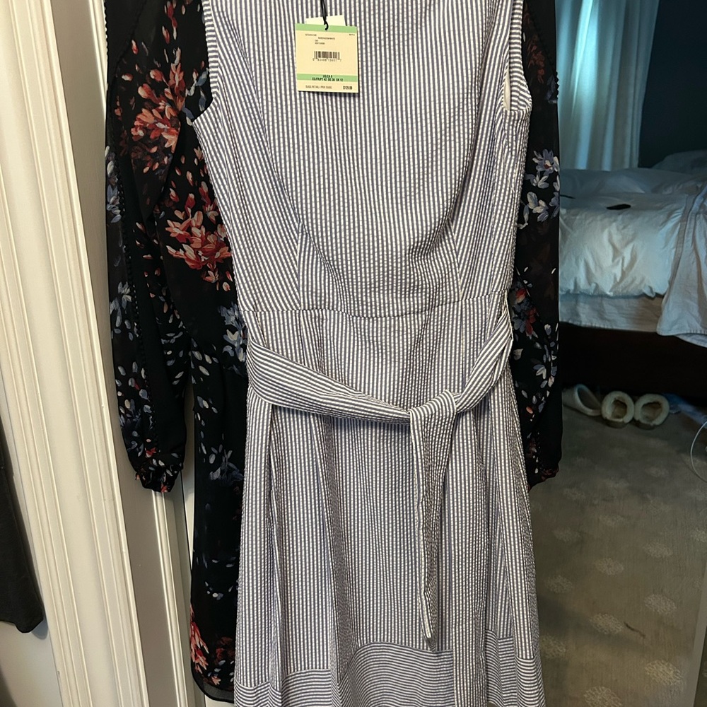 Anne Klein Navy and White Striped Midi Dress